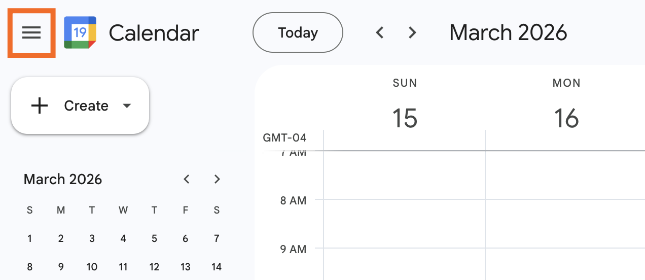 Partial view of Google Calendar with the main menu icon highlighted.