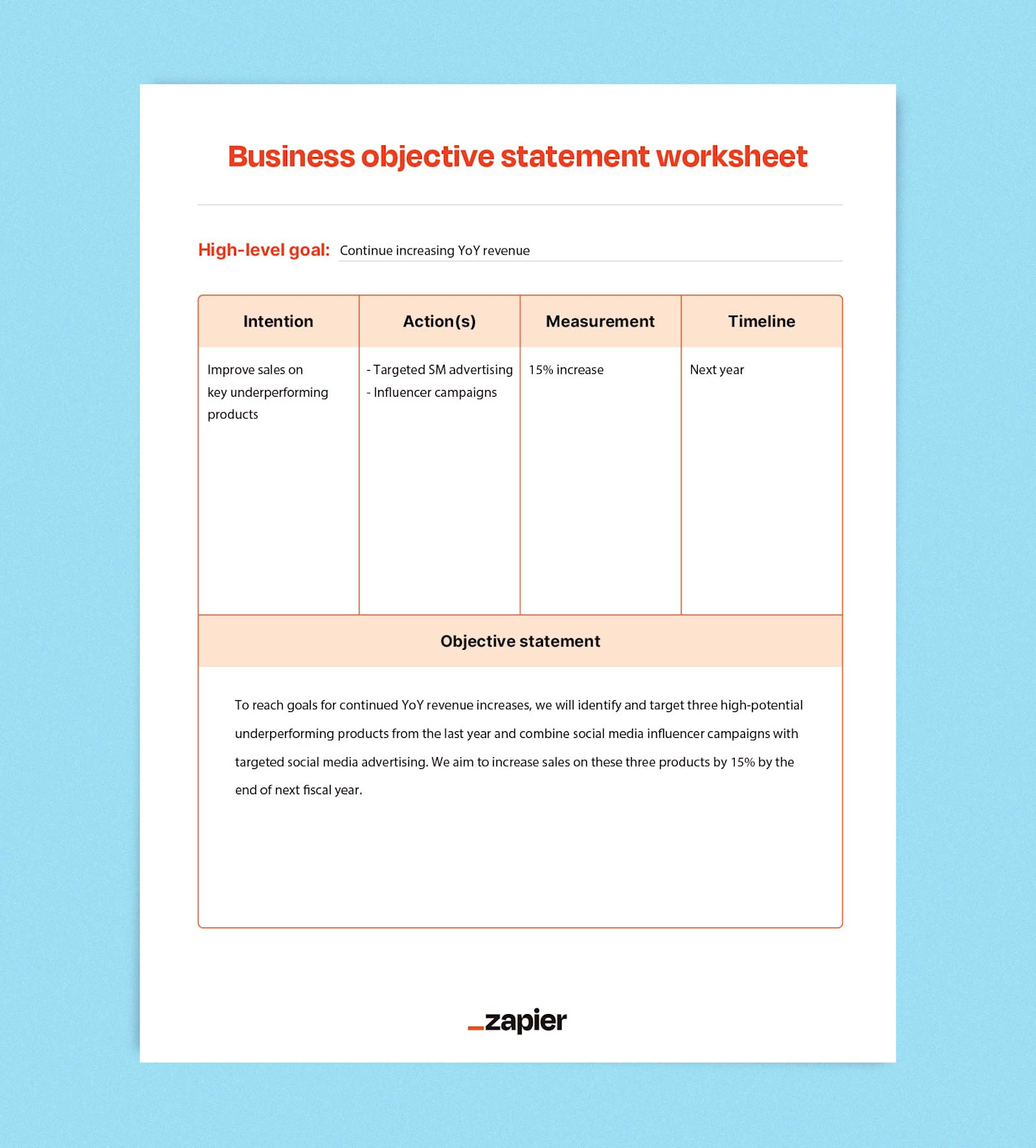 Mockup of a business objective statement worksheet