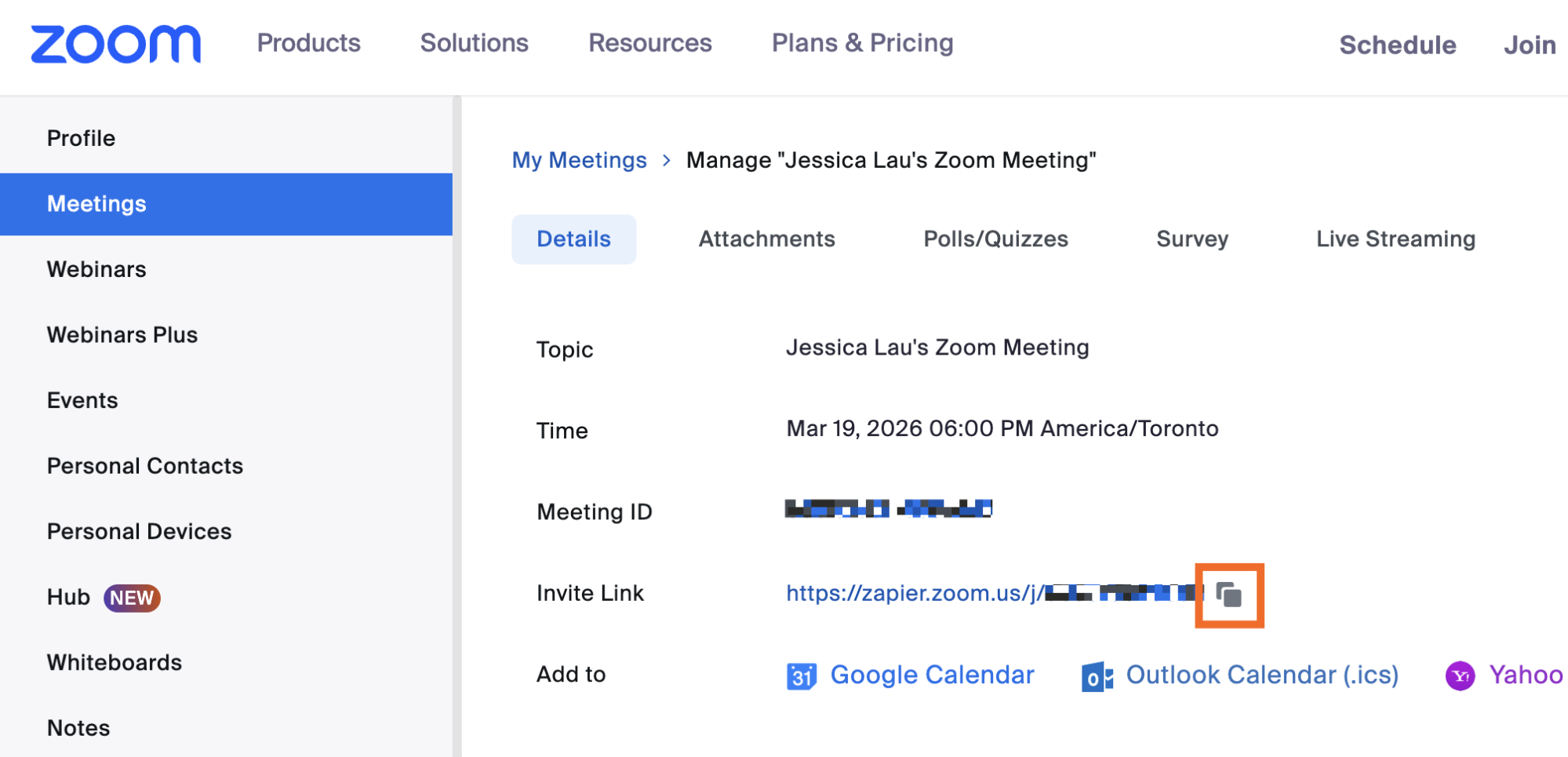 Zoom meeting details with the option to copy the zoom meeting link highlighted.