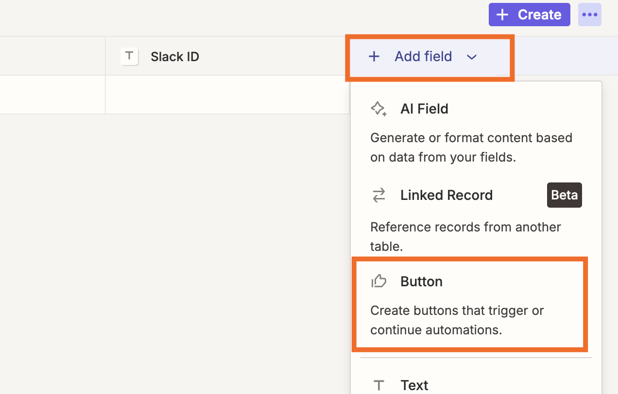 Screenshot of button field option form dropdown menu