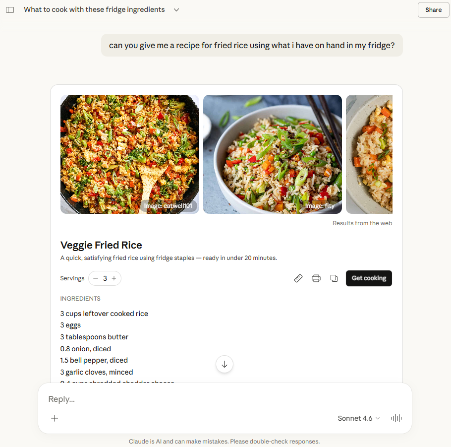 An interactive recipe card in Claude