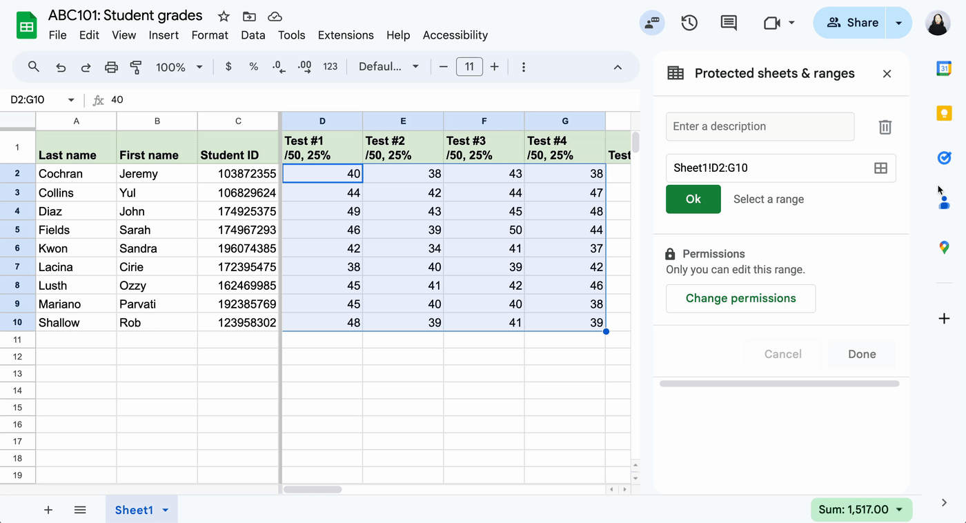 Demo of how to select a new data range of locked cells in Google Sheets.