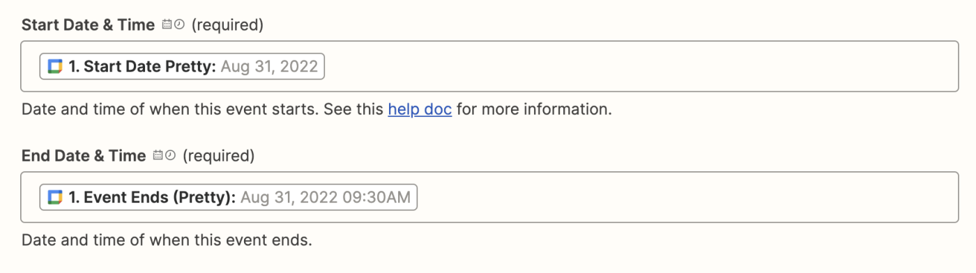 Start and end date & time fields with dates and times entered in from Google Calendar.