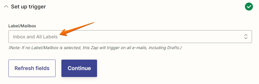 An orange arrow point to the "Label/Mailbox" field with "Inbox and All Labels" selected in the field.