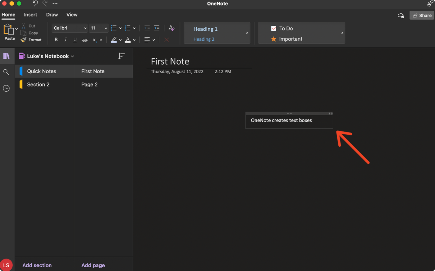 Screenshot showing how when using OneNote, wherever you click on the interface, your cursor creates a text box for your note