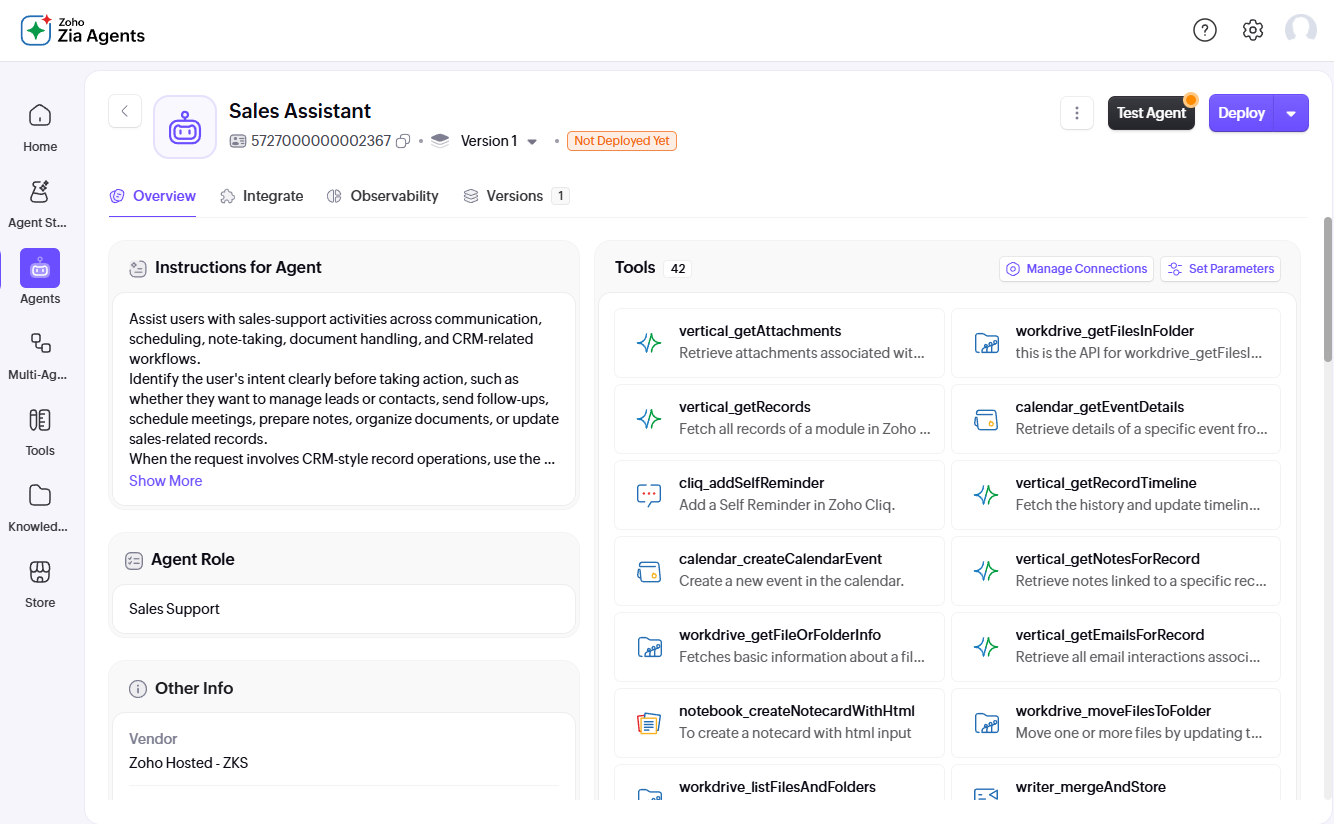 A Sales Assistant agent in Zoho CRM