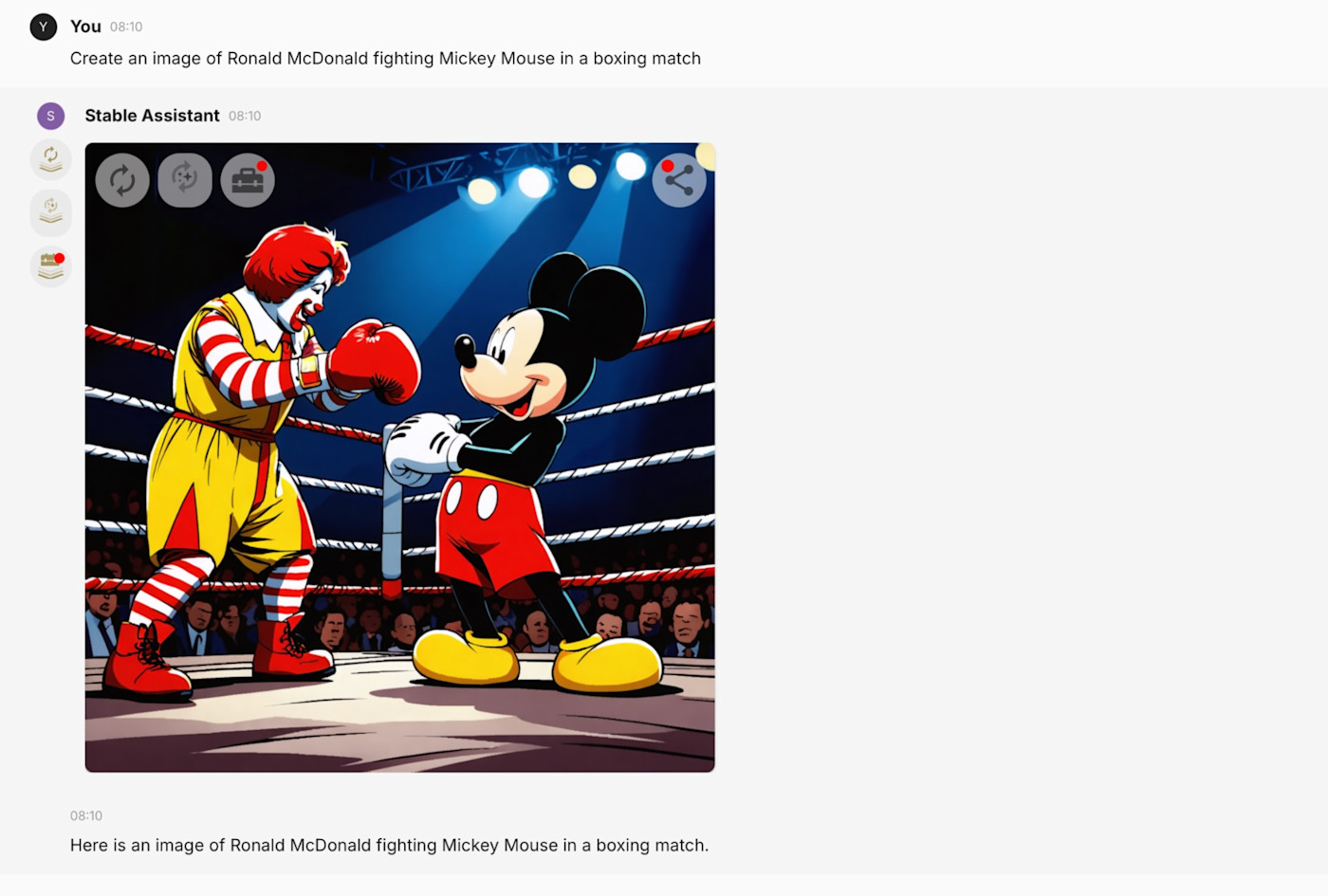 Stable Diffusion's image of Ronald McDonald and Mickey Mouse in a boxing ring