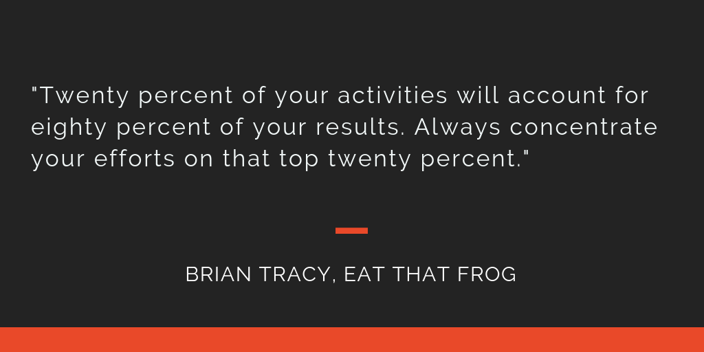 Eat That Frog principle 3: Twenty percent of your activities will account for eighty percent of your results. Always concentrate your efforts on that top twenty percent.