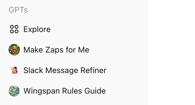 ChatGPT side panel with a list of custom GPTs. 