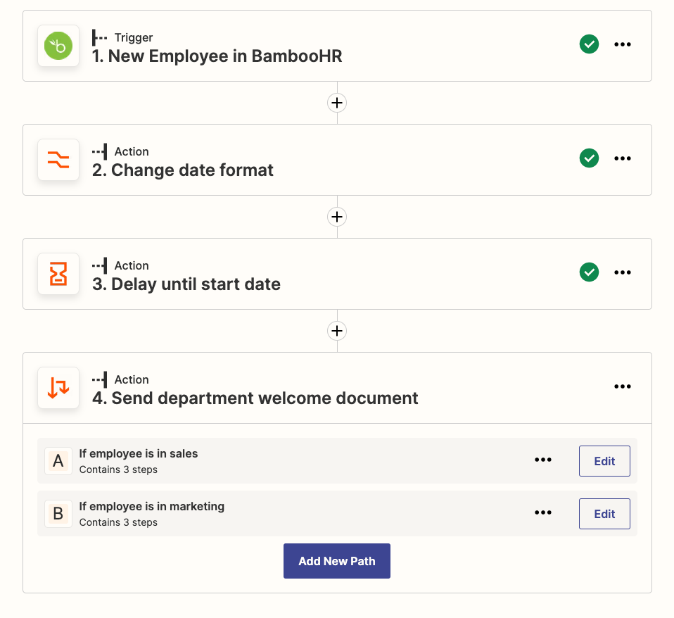 A multi-step Zap that sends department welcome docs to new employees.