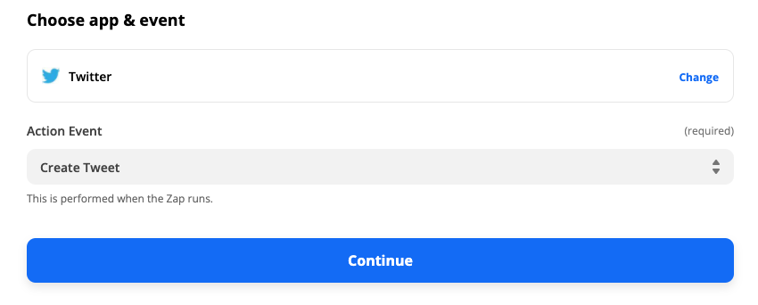 Selecting the Twitter app and the Create Tweet action event