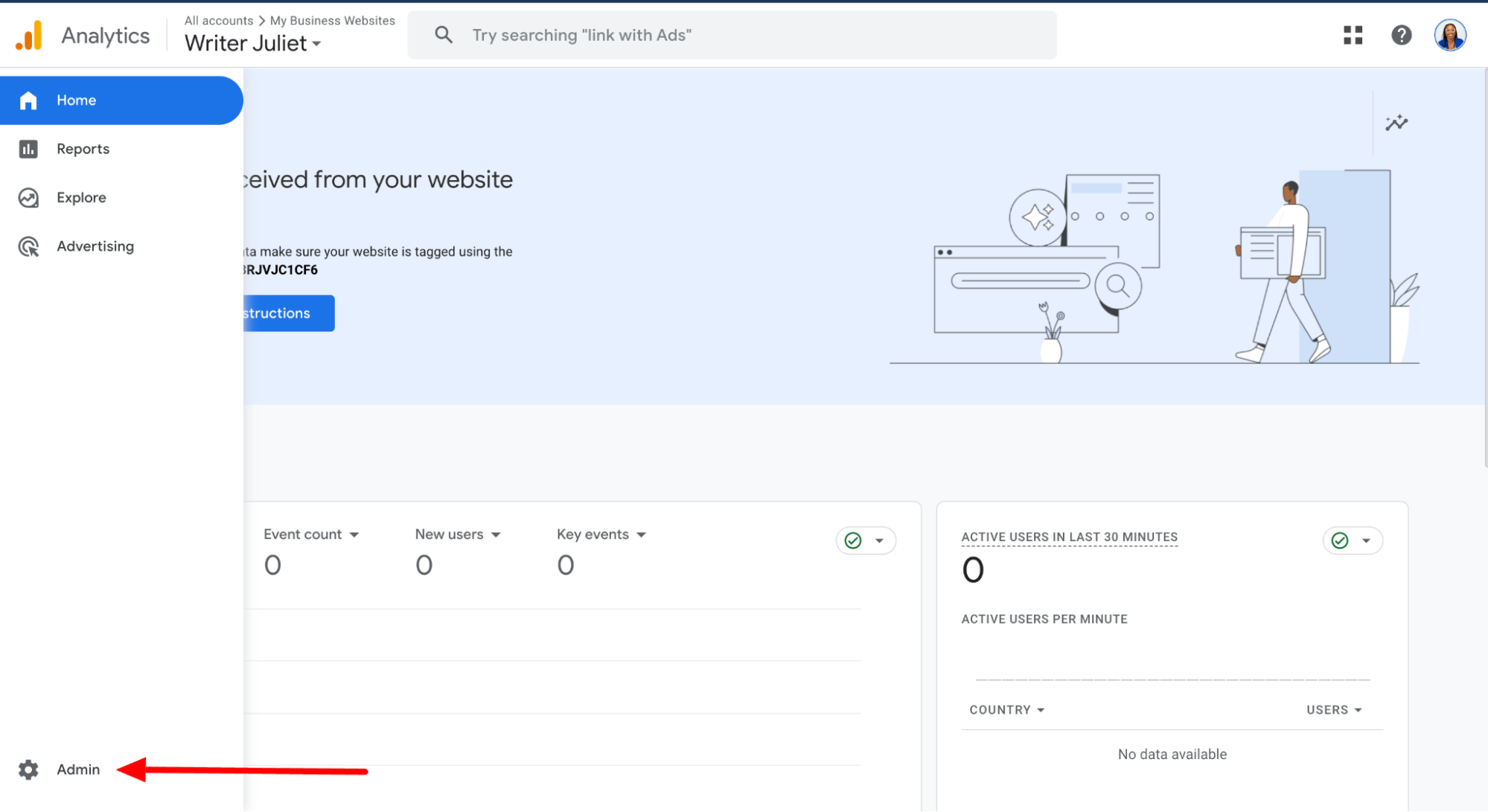 Google Analytics dashboard with an arrow pointing to the Admin button. 