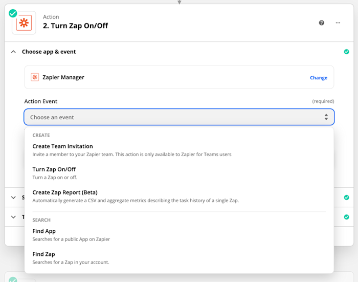 A screenshot of the Zapier editor while setting up a Zapier Manager action step. Shown are events including Create Team Invitation, Turn Zap On/Off, Create Zap Report (Beta), Find App, and Find Zap.