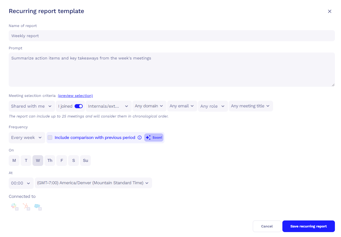 Recurring report template in tldv.