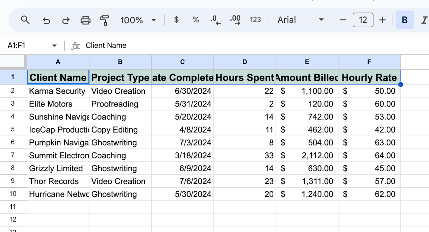 Formatted project tracker in Google Sheets. 