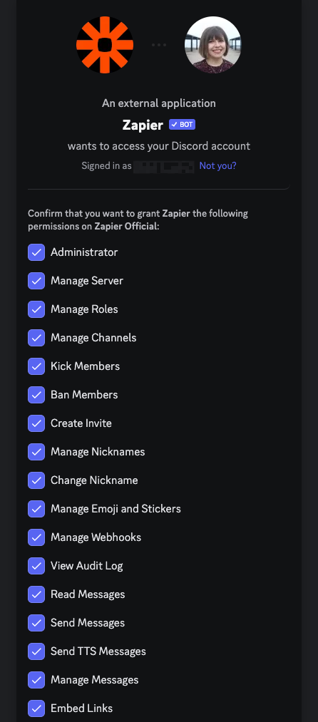 Select the permissions you want to grant Zapier.