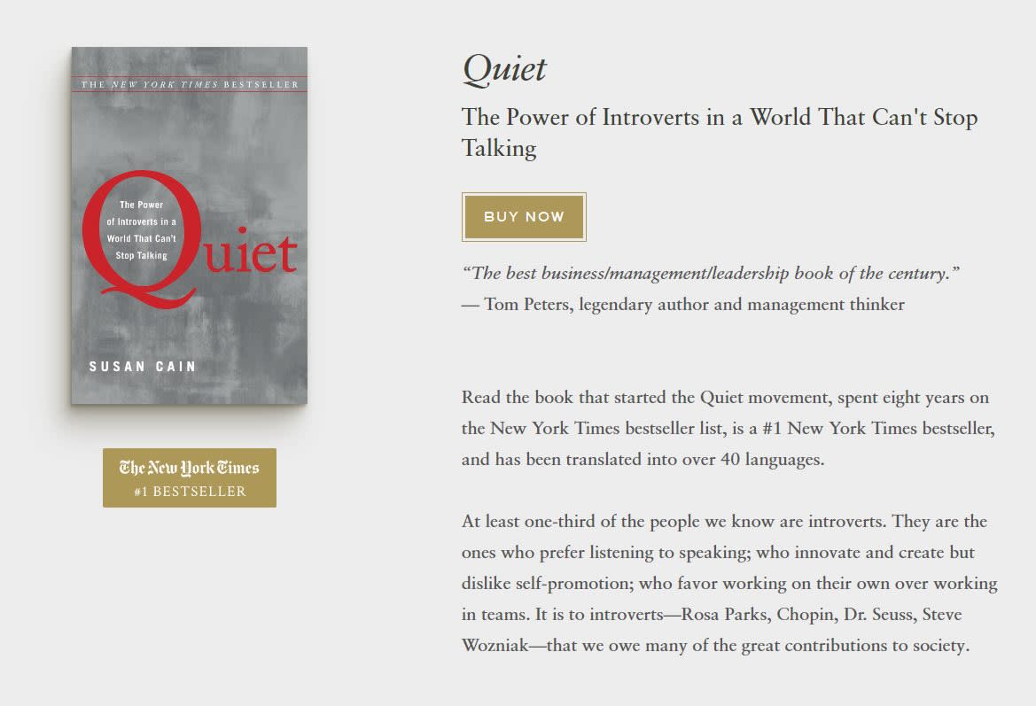 The sales page for Quiet