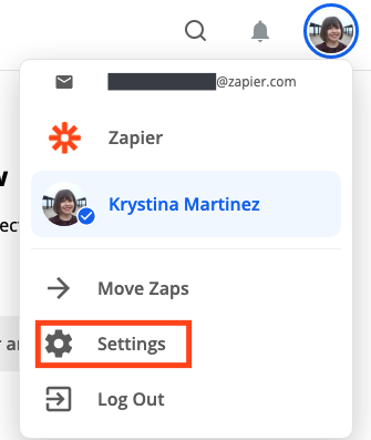 A screenshot of where to find the Settings pane on the Zapier homepage.