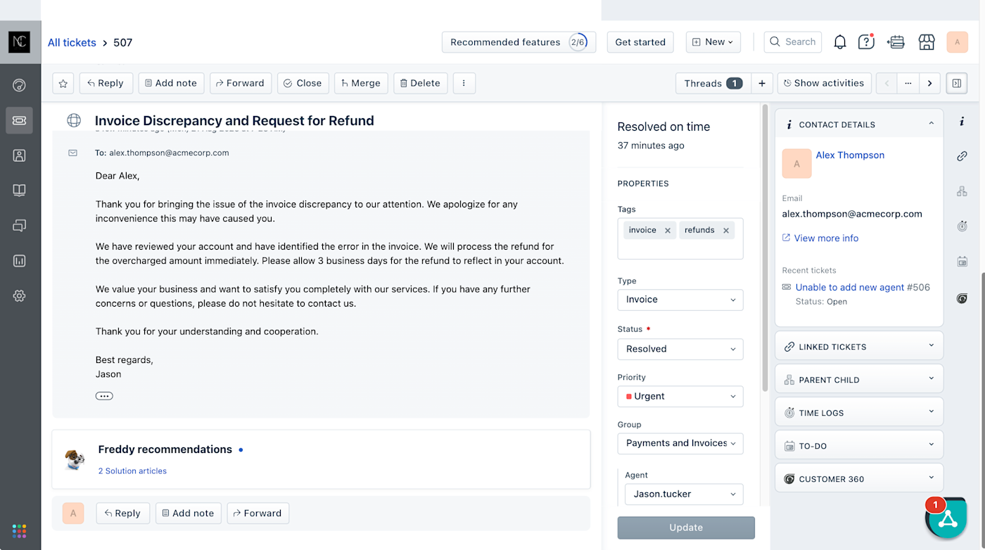 Screenshot of a ticket in Freshdesk.