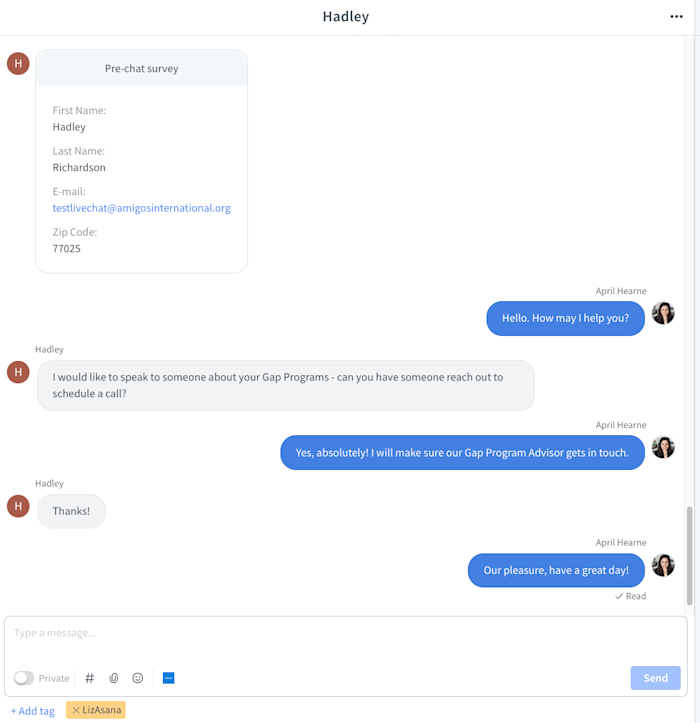 An example of a live chat between AMIGOS and someone who would like to schedule a call about Gap Programs. At the bottom, the tag "LizAsana" has been added.