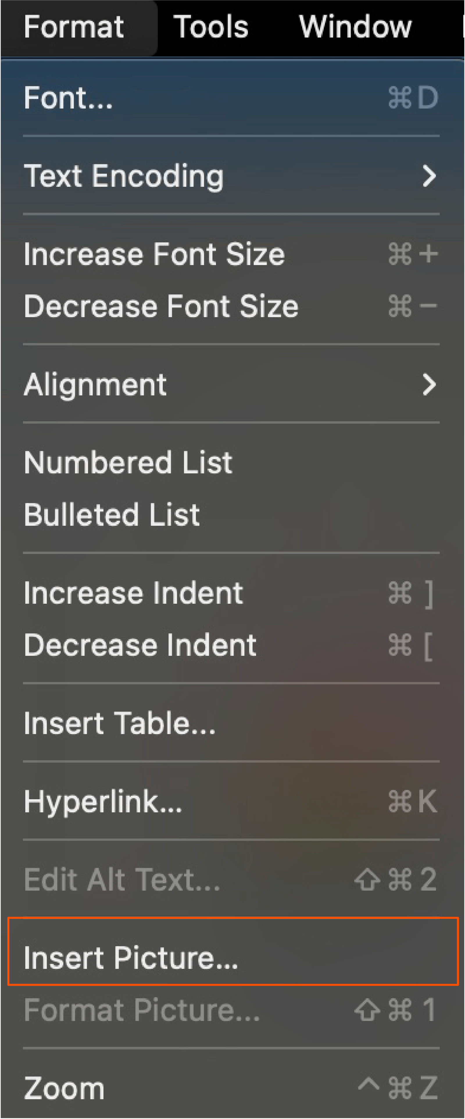 Screenshot showing how to insert a picture in Outlook.