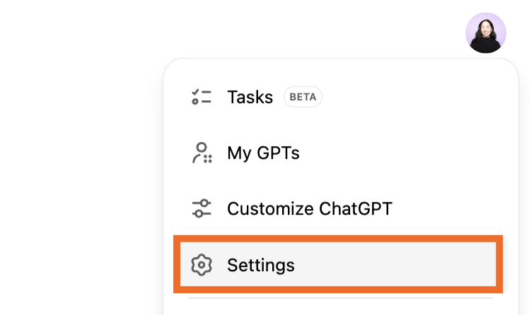 Vista ampliada del menú de perfil en ChatGPT con la opción de configuración resaltada. 