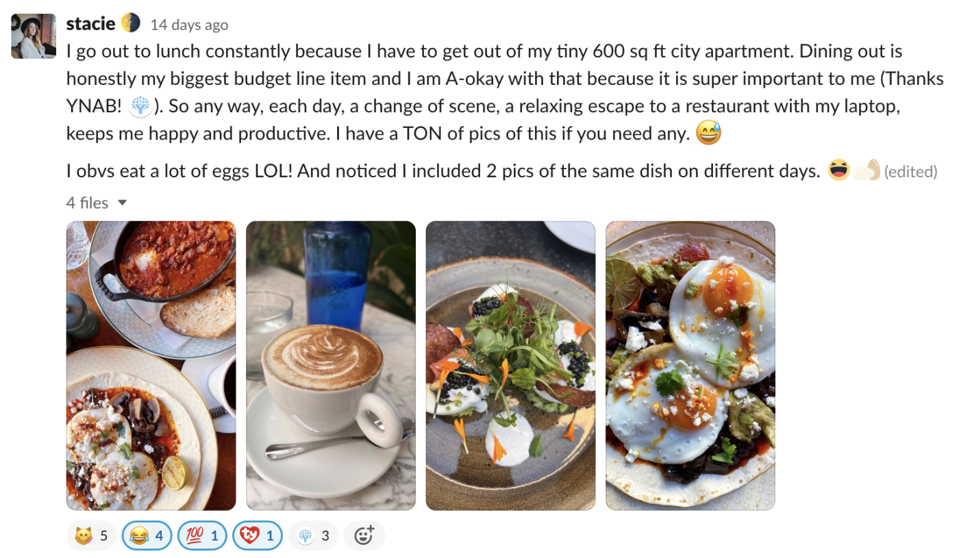 Stacie talking on Slack about eating out for WFH lunch