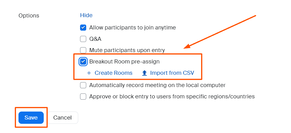 Screenshot of the options window in Zoom with an arrow pointing to a box you can check that says "breakout room pre-assign" and a link to "create rooms" right under it