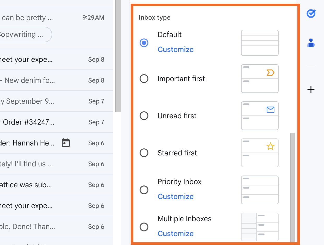 The options for how to display emails in your Gmail inbox