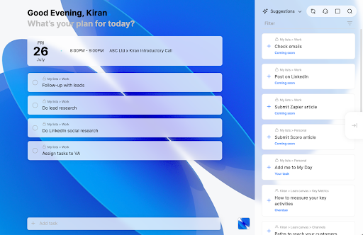 The My Day view, which displays the date, lists tasks, and suggests AI-generated tasks in a right-hand side panel