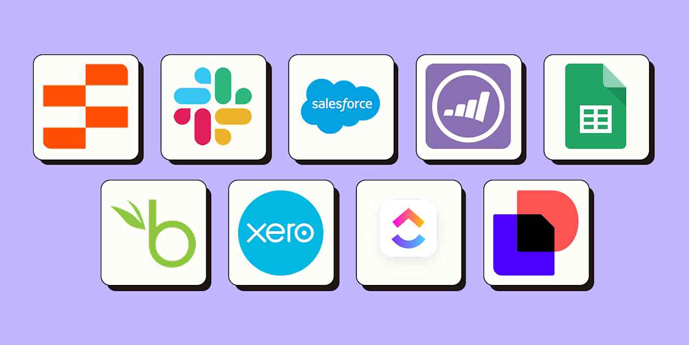 Logos for Zapier Tables, Slack, Salesforce, Marketo, Google Sheets, BambooHR, Xero, ClickUp, and Docusign against a light purple background.