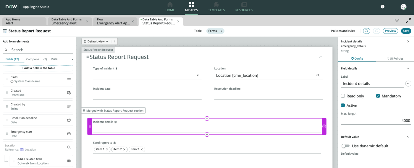 Screenshot of a status report request in ServiceNow.