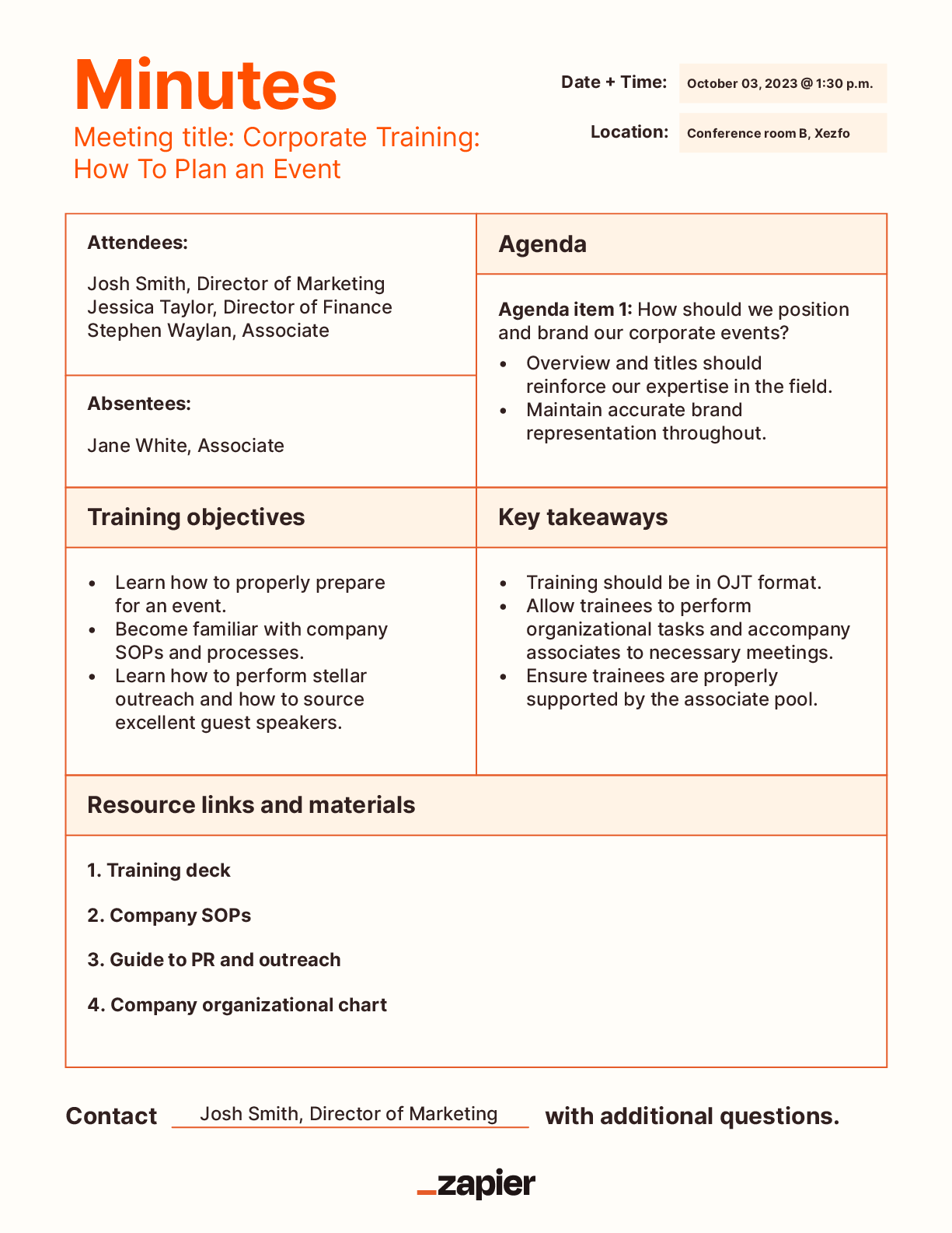Mockup of a training meeting minutes template.