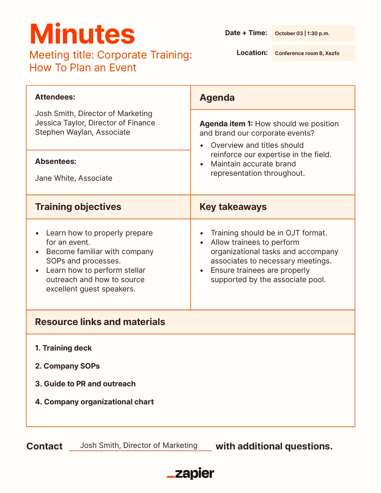 Mockup of a training meeting minutes template.