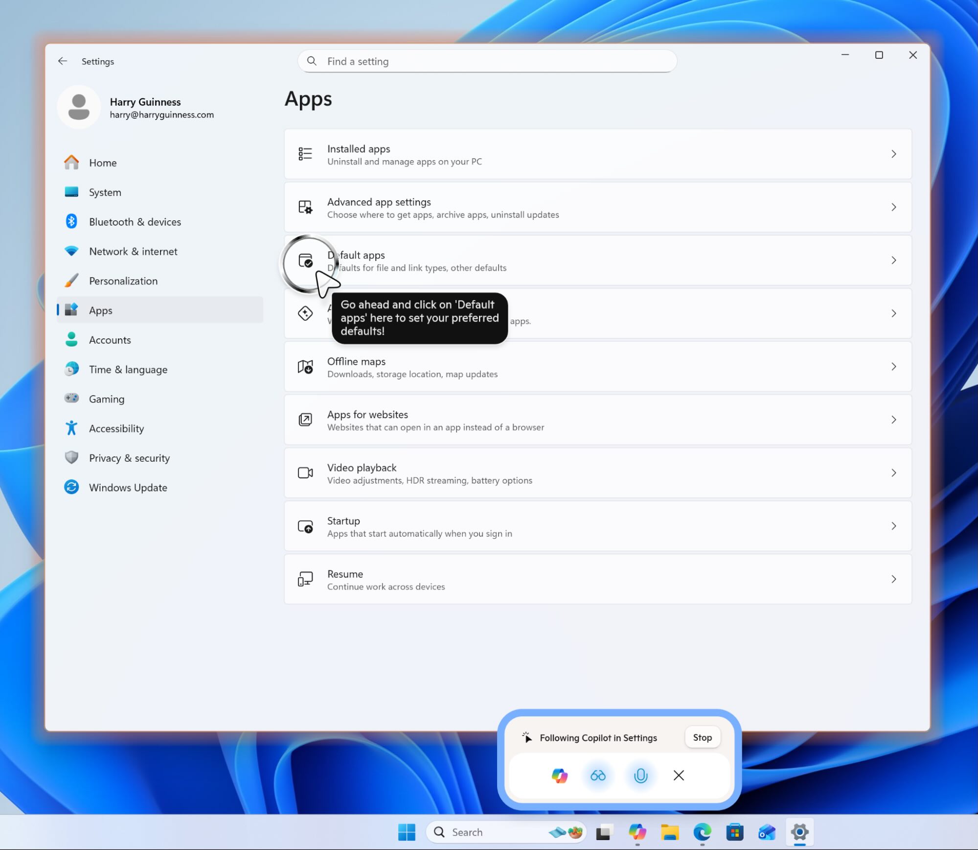 Setting default settings for using Copilot across apps