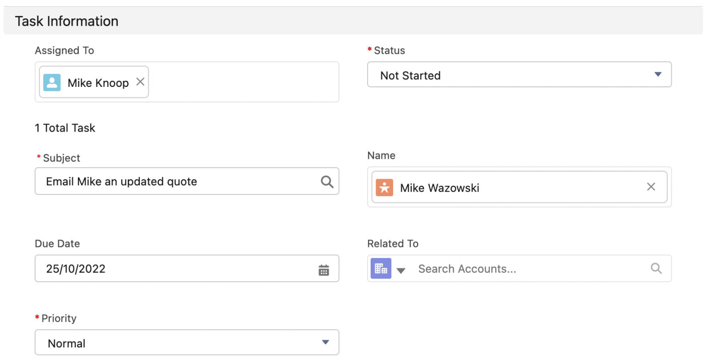 Screenshot of fields to be added to a new task in Salesforce.