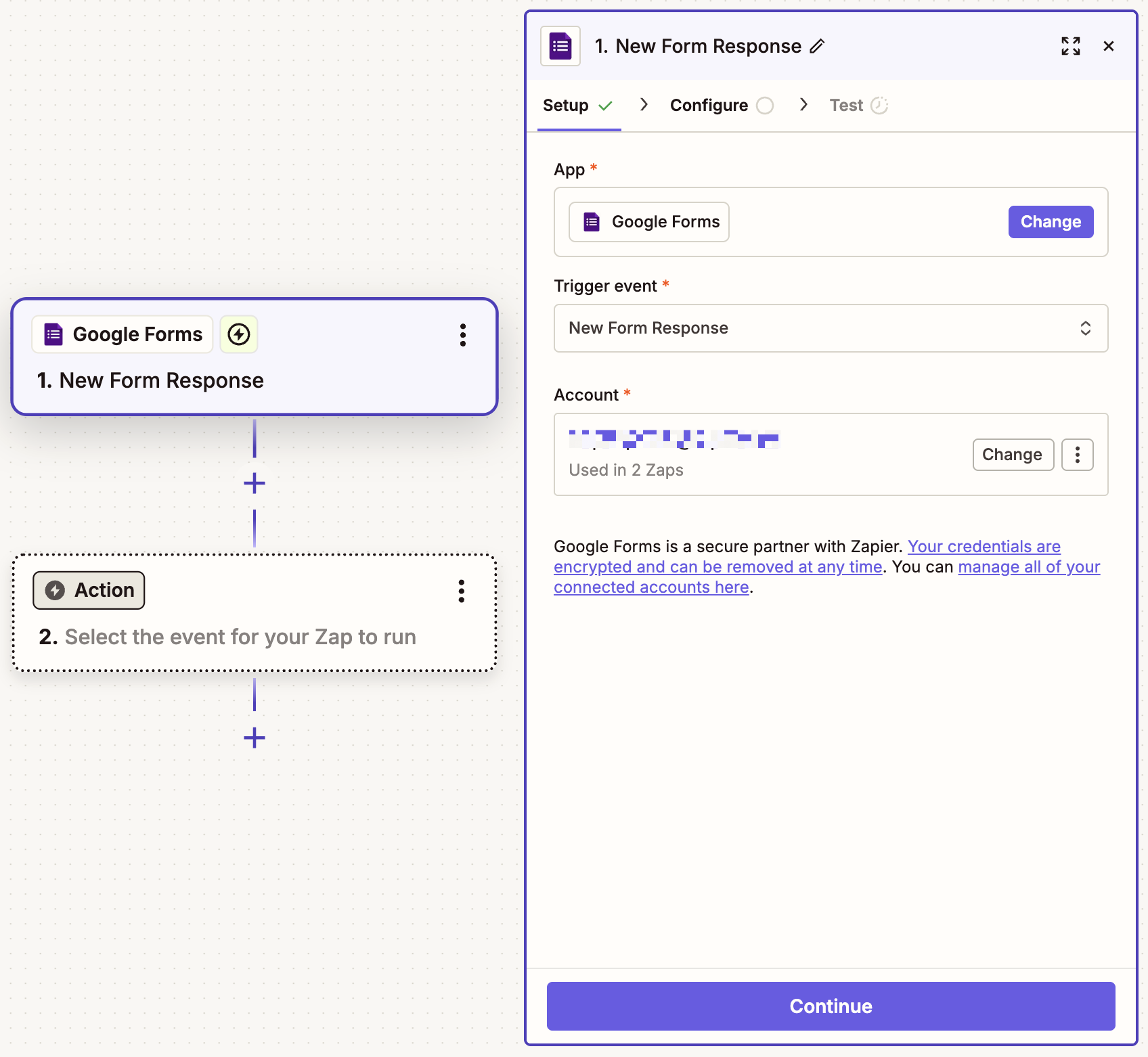 A trigger step in the Zap editor with "Google" entered into the search box field.