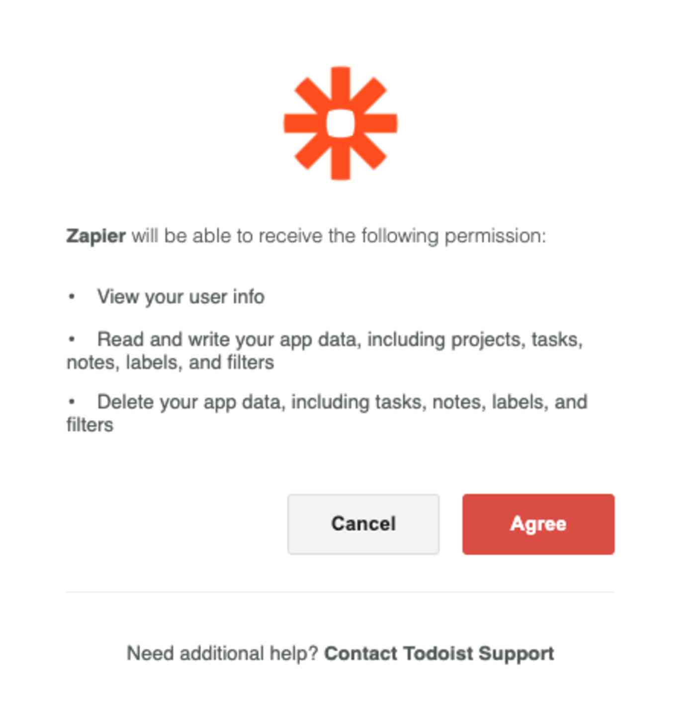 Todoist request for permission for Zapier