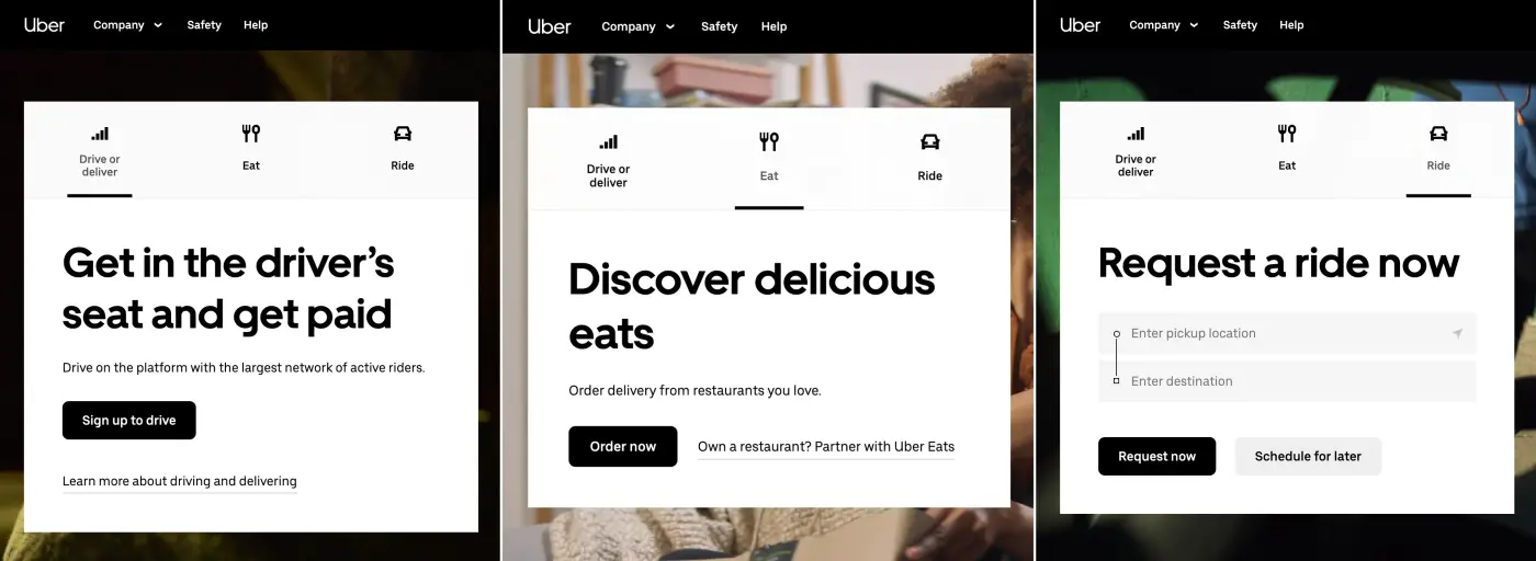 Screenshot of Uber's landing page header with three different tabs: drive or deliver, eat, and ride