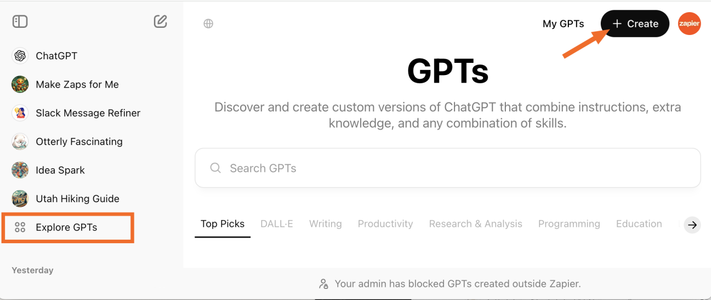 GPT store dashboard with an arrow pointing to create. 