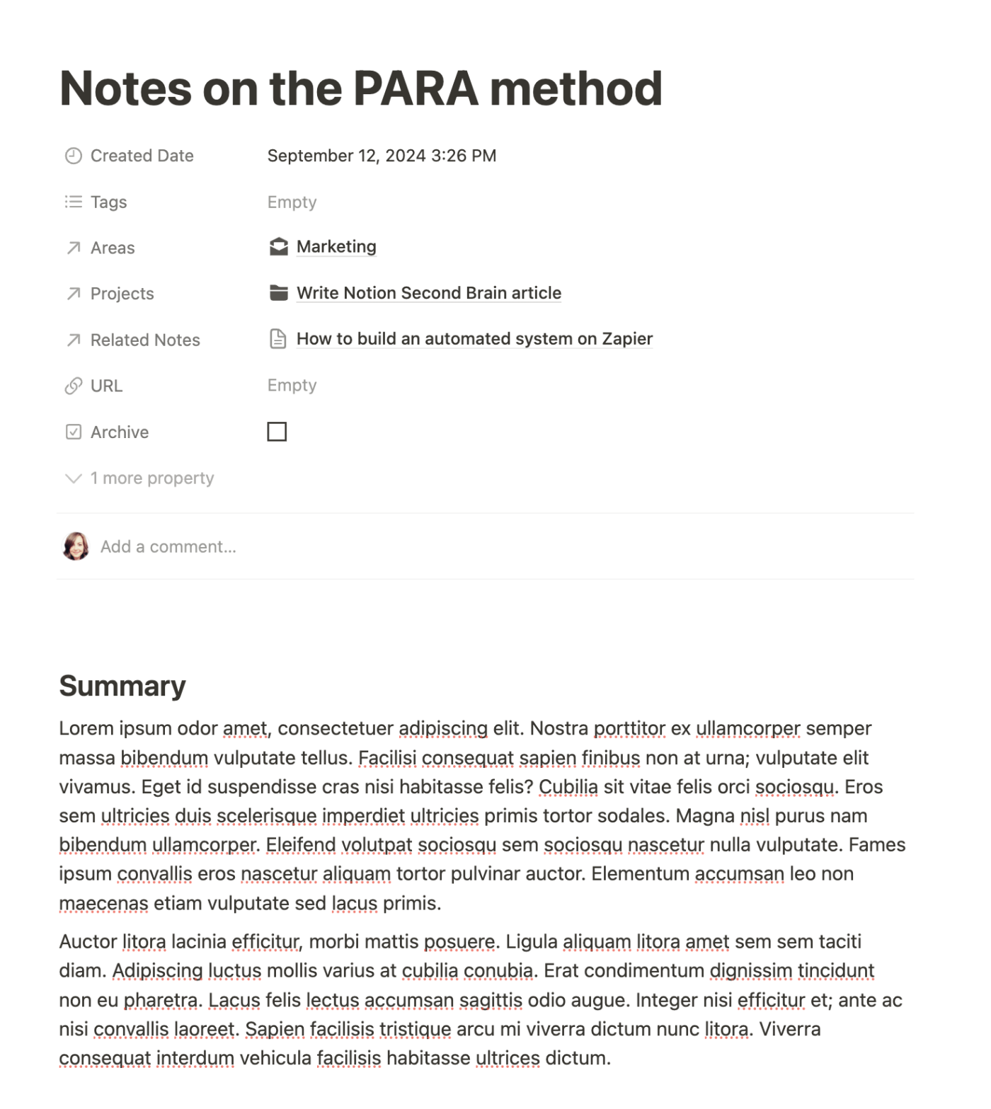 Note in the Notion second brain template titled "Notes on the PARA method."