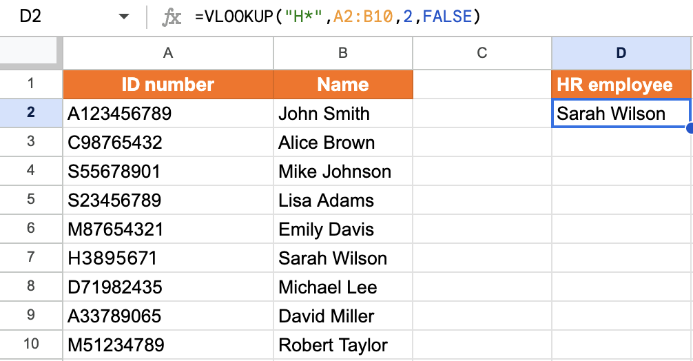 Screenshot of a FALSE VLOOKUP with a cell with the name Sarah Wilson highlighted.