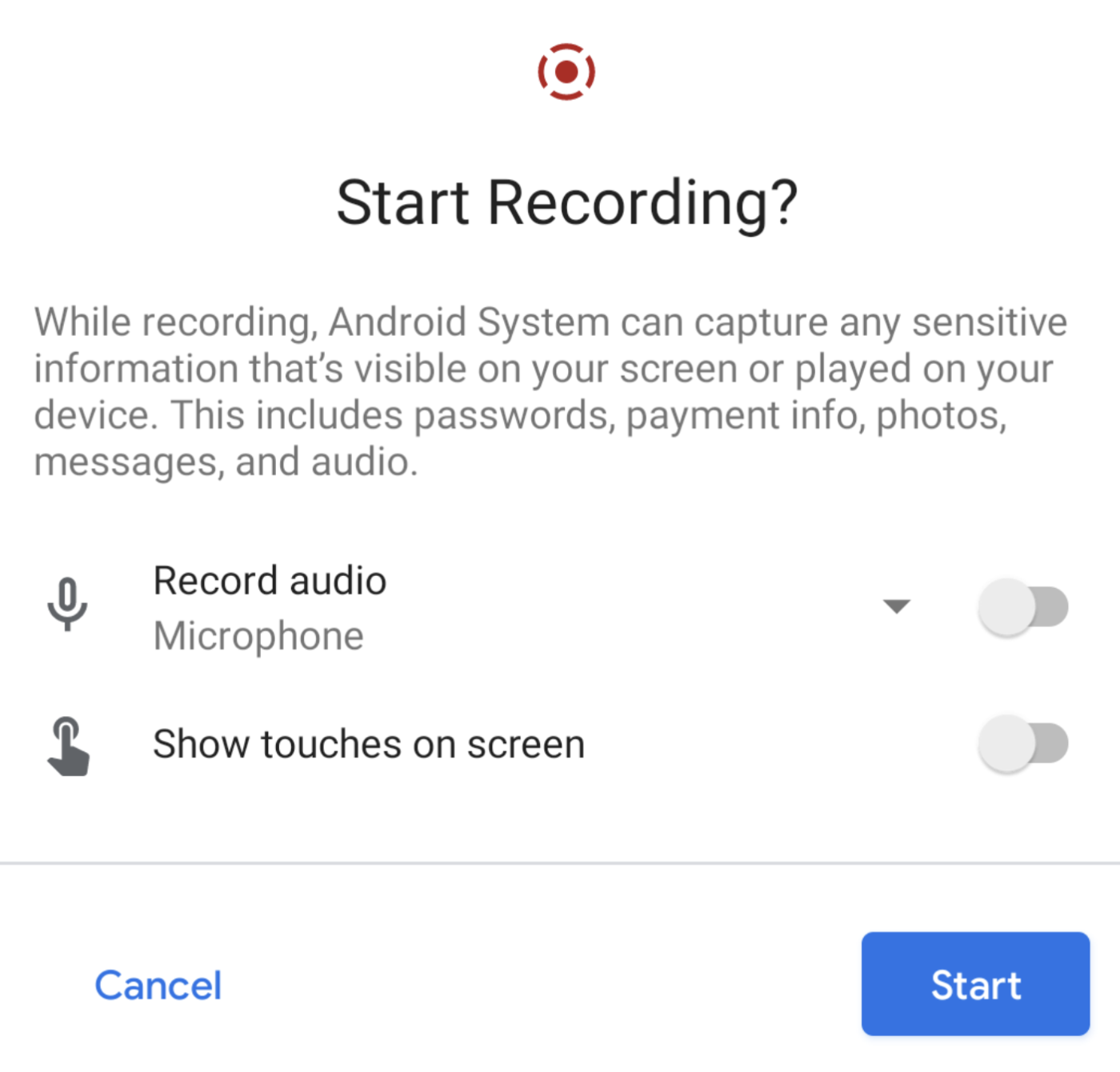 Tap Start Recording on Android to start recording