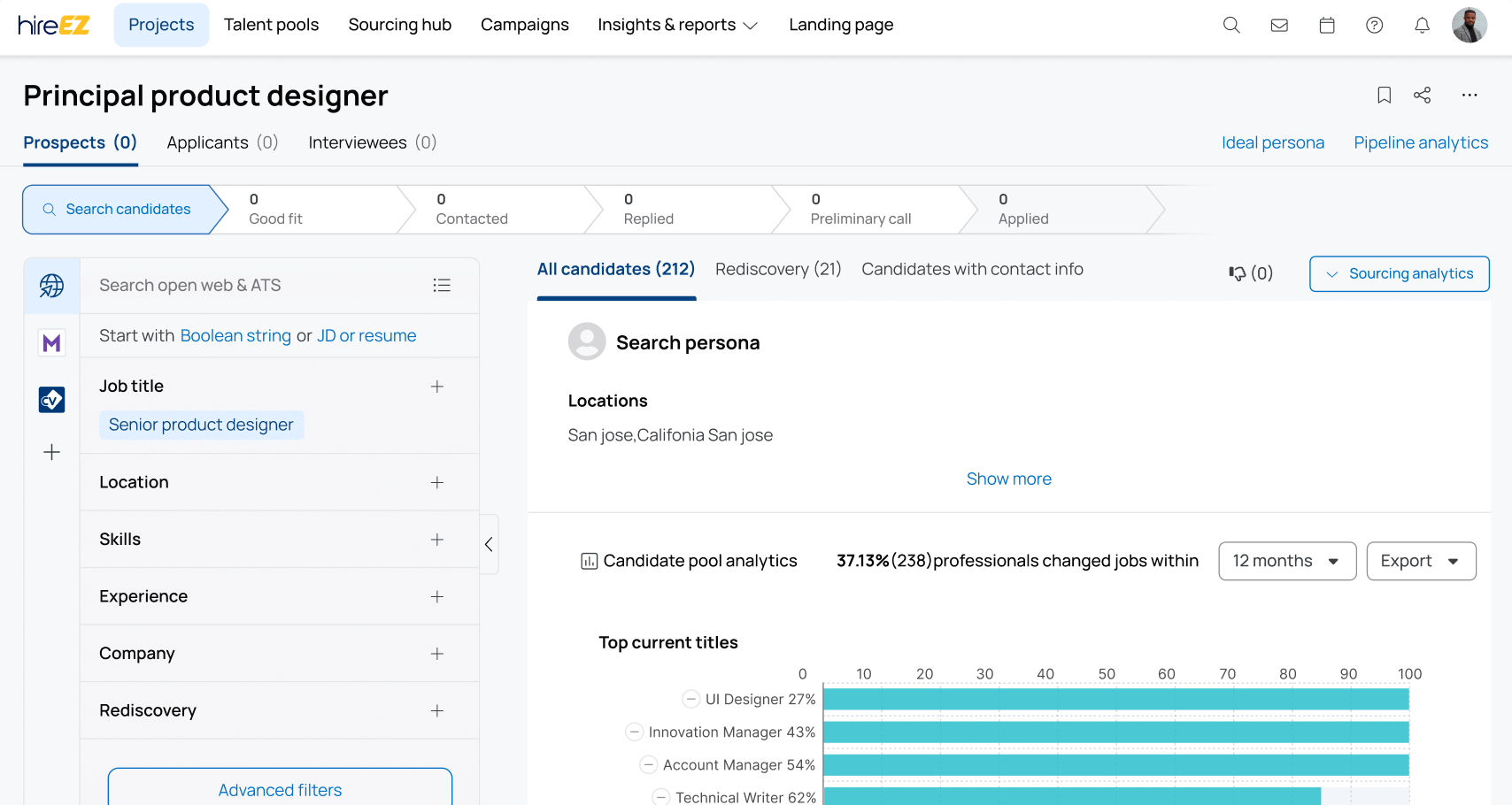 hireEZ dashboard, displaying a candidate search for a Principal Product Designer role.