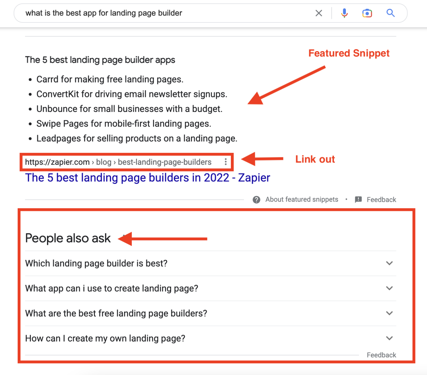 SERP for "what is the best app for landing page builder" (second scroll, snippet and PAA)