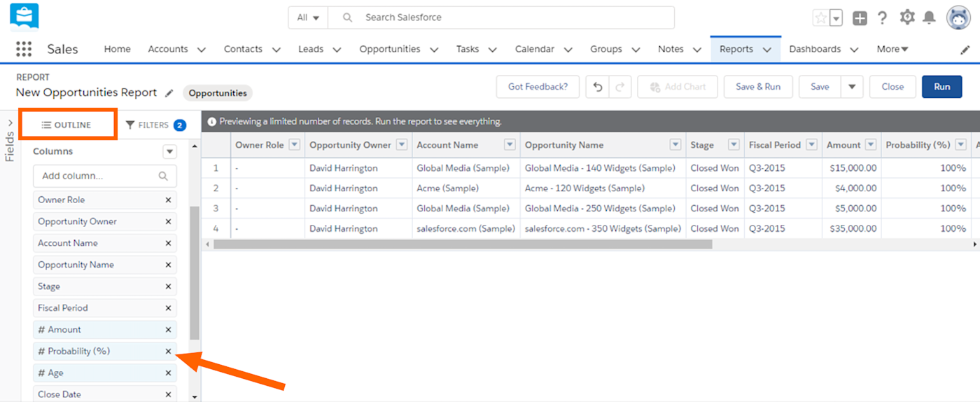 The Outline tab, showing a list of data you can remove, with an arrow toward the x next to Probability
