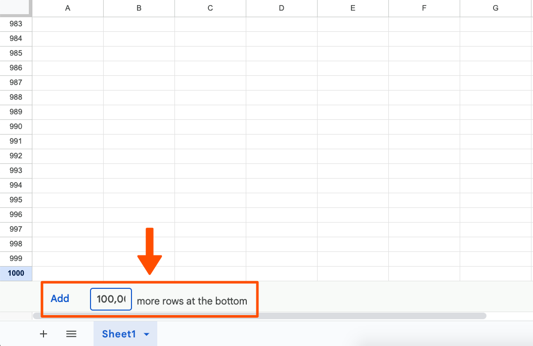Screenshot of adding more rows in Google Sheets.