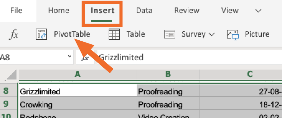 Insert pivot table from toolbar