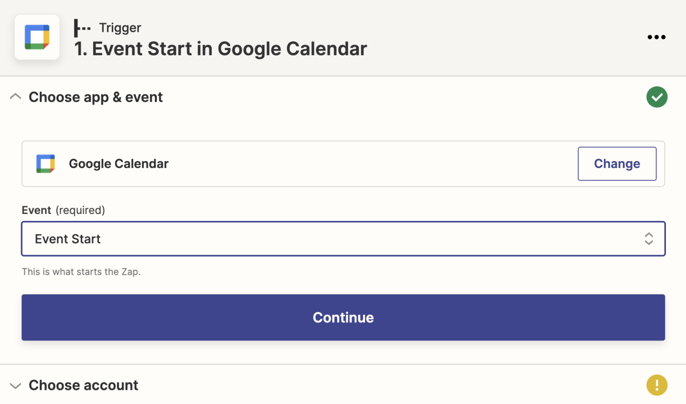 Under "Choose app & event" Google Calendar is selected with "Event Start" selected in the Event field. 