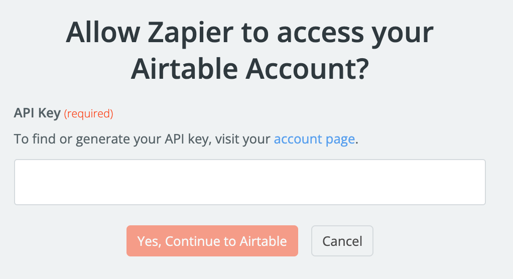 A popup that asks permission for Zapier to access your Airtable account.